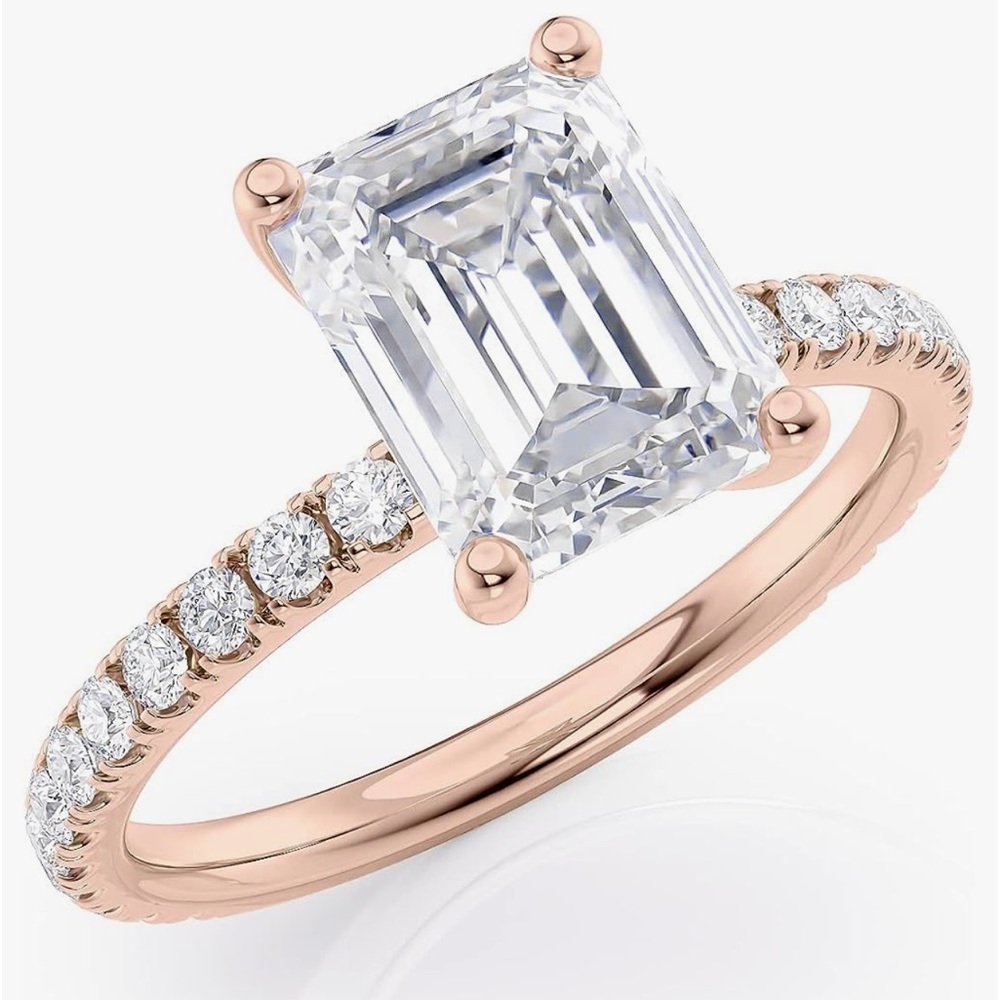 2 Ct Emerald Cut Moissanite Ring with 2/5 Ct Round Natural Diamond in 14k Gold